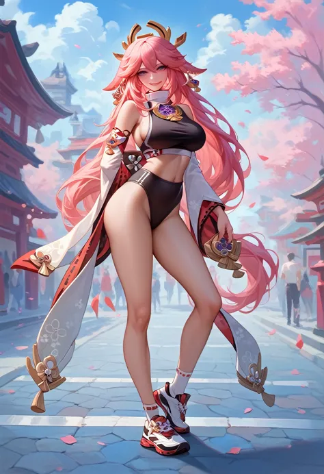 1girl, yae miko, genshin impact, (masterpiece, best quality), 16k, perfect face, pink eyes, long hair, pink hair, fox ears, side...