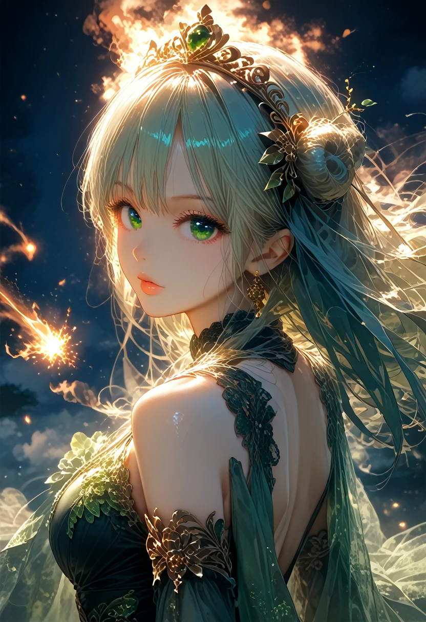 Fantasy, Anime Girl 2, Hair Raised Up Like a Hedgehog, Beautiful ((Hair Color Black Blue)), Big Beautiful Green Eyes, Magic Lots of Magic Happening, Wearing a Beautiful Shirt with Patterns, There are gold ornaments on the hands and feet bracelet, Forest Background Cloudy Black Night, darkness, Girl near the Fire, The fire is burning, sparks are rising from it, Clouds Cover the Moon, Very Beautiful and Colorful Painting, score_9, score_8_up, score_7_up, dramatic lighting, highly detailed, high budget, bokeh, cinemascope, moody, epic, gorgeous, film grain, grainy, masterpiece, best quality, perfect anatomy, very aesthetic, official art, 8k,A game of shadows, Clear, Well-Detailed Picture, bright colors, Full Detailed Work, masterpiece, Very Colorful Tones, A game of shadows, Details maximum, maximum quality, hkmagic