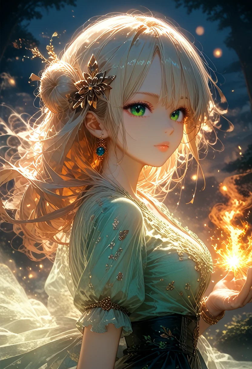 Fantasy, Anime Girl 2, Hair Raised Up Like a Hedgehog, Beautiful ((Hair Color Black Blue)), Big Beautiful Green Eyes, Magic Lots of Magic Happening, Wearing a Beautiful Shirt with Patterns, There are gold ornaments on the hands and feet bracelet, Forest Background Cloudy Black Night, darkness, Girl near the Fire, The fire is burning, sparks are rising from it, Clouds Cover the Moon, Very Beautiful and Colorful Painting, score_9, score_8_up, score_7_up, dramatic lighting, highly detailed, high budget, bokeh, cinemascope, moody, epic, gorgeous, film grain, grainy, masterpiece, best quality, perfect anatomy, very aesthetic, official art, 8k,A game of shadows, Clear, Well-Detailed Picture, bright colors, Full Detailed Work, masterpiece, Very Colorful Tones, A game of shadows, Details maximum, maximum quality, hkmagic