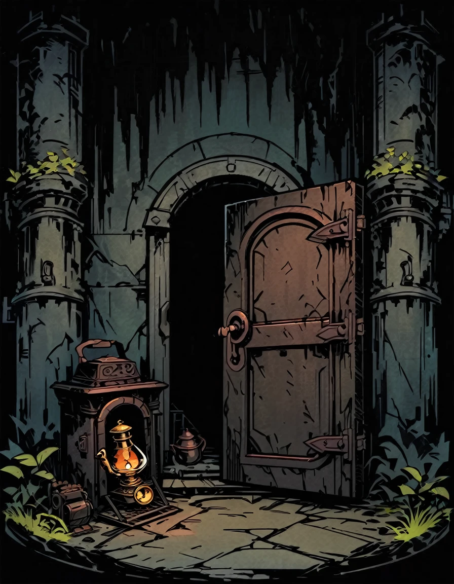 View from down, Massive rustic Iron Door in shelter, Secret entrance, Mysterious rustic door, closed space, gloom, WW1 bunker, ((old oil lamp)), masterpiece, Darkest Dungeon art, ultra detailed, thick outlines style
