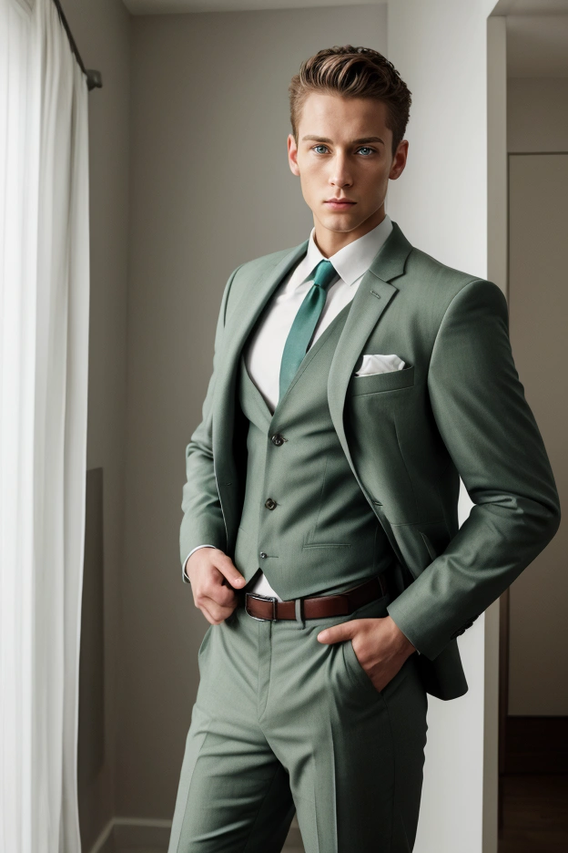 (photorealism: 1.2), Handsome young man, green eyes, Standing in her room, dress shirt, fitted suit