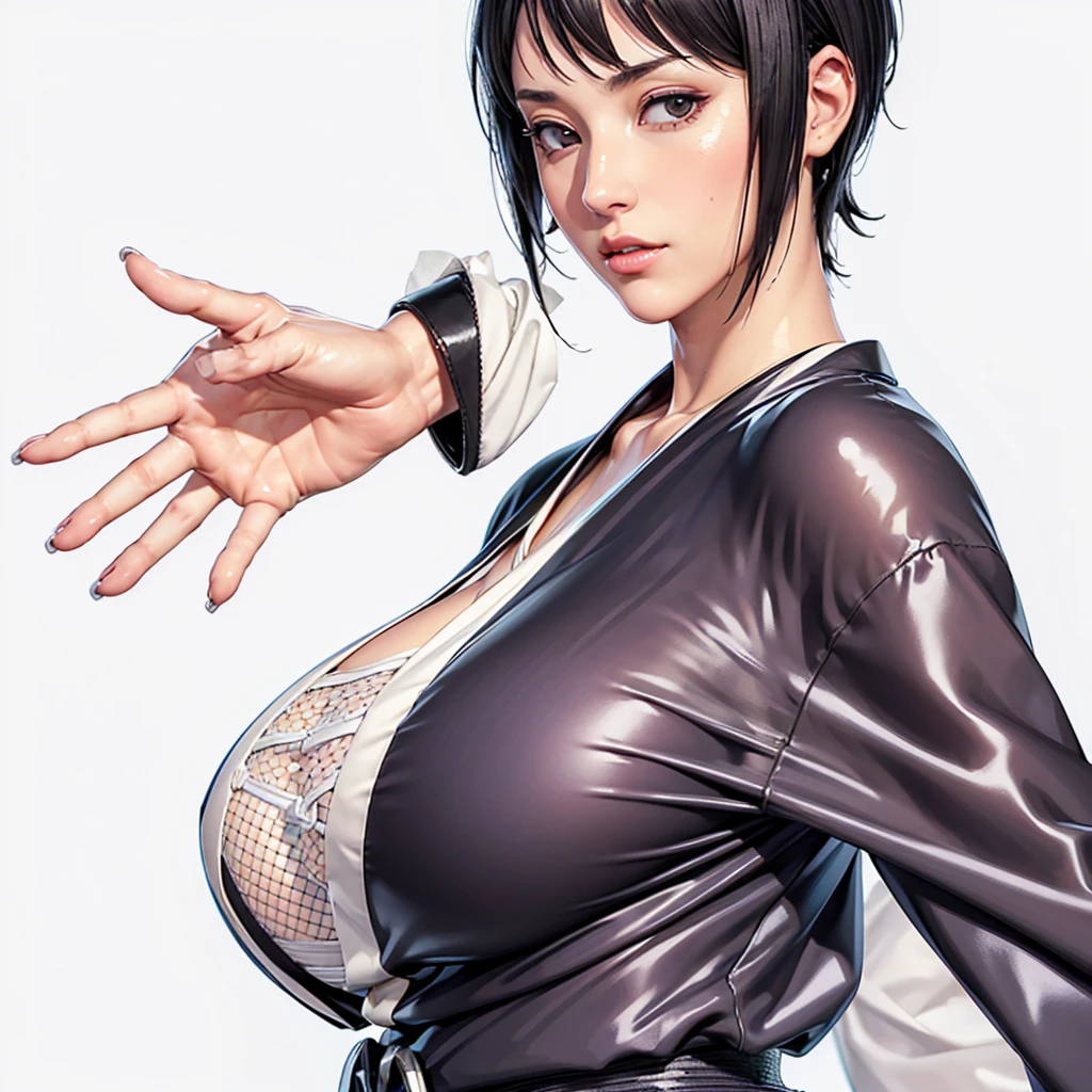 (（（Perfect body,White and tender skin,（（（black kimono, sandals，Black clothes, mesh underwear, purple belt，Bandages wrapped around thighs）））,(（（shizune，Black hair, short hair, black eyes））)，((masterpiece)),highres,((Best quality at best)),masterpiece,quality,Best quality,(（（ Exquisite facial features,Looking at the audience,There is light in the eyes, ）））,Huge breasts，White background，）））