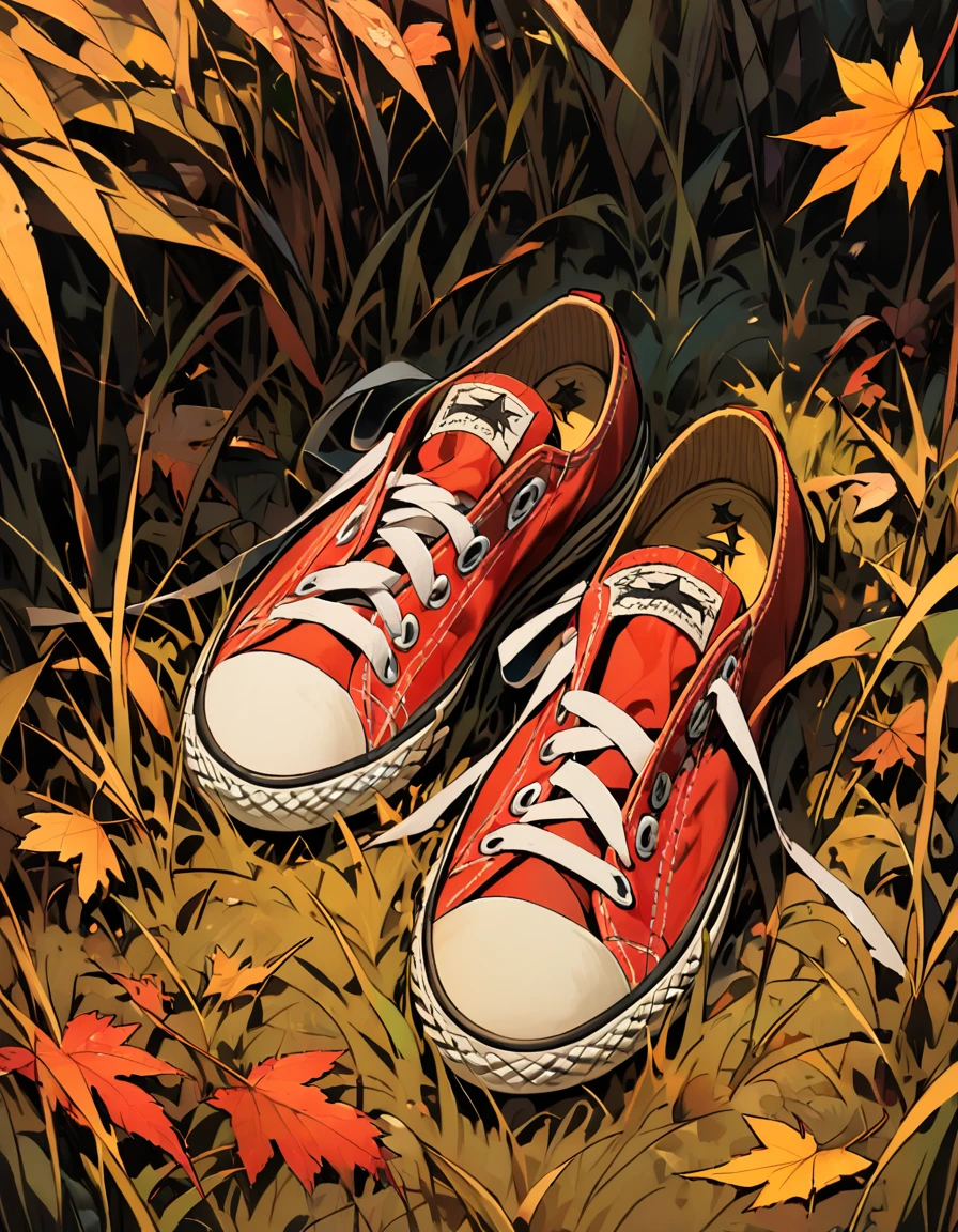 Bloody Converse shoes in autumn grass 
