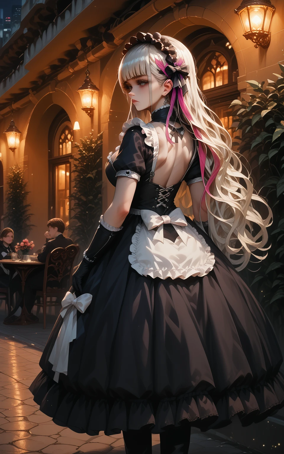 et_bas3, black_gloves, full bodysuit, elbow_gloves, floral_print, ruffled clothes, funeral_veil, goth_fashion, hair_ornament, high_heel_boots, maid headdress, long hair down to the waist, multicolored hair, hair covering the back
, goth dress,   , city, city lights, cityscape,indoors, light particles, dark background,Standing,lean forward, back view, from behind, face hidden by hair,(zPDXL2:1.5), 