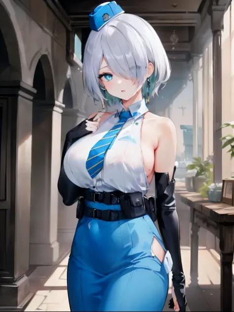 (masterpiece, best quality, ultra detailed, absurdres:1.5), 1girl, (sexy, beautiful woman, perfect face, perfect eyes, perfect female body, large breasts:1.5), (nikke,brid, white hair, low ponytail, hair over one eye, earrings, garrison cap, sleeveless shirt, long skirt, blue necktie, belt pouch, elbow gloves, high heel boots, ), (standing, indoors, ruin_landscape), perfect lighting, smooth, hdr