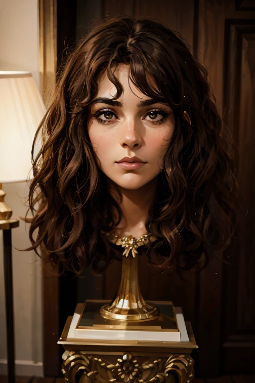 The head of a woman with frizzy hair displayed on a pedestal
