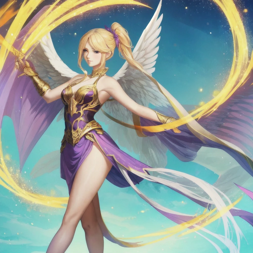 a realistic fantasy character of a young Asian woman with blonde hair styled in two ponytails. She has dragon-like wings with soft purple and orange gradients. She is wearing a black sleeveless top with a sweetheart neckline and a short skirt, adorned with light pink and gold ribbons flowing around her waist. One of her legs is wrapped in detailed, intricate armor, while the other is more exposed, showcasing her agility. She wears long white gloves extending to her elbows, and the overall look should blend elements of fantasy and elegance. The character should appear as if floating or walking mid-step, with her wings slightly spread out. The background should be simple, with a clean or minimal fantasy-themed backdrop, focusing on the character's graceful and enchanting appearance.