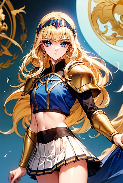 masterpiece, best quality, detail, a beautiful medieval mysterious warrior long blonde hair blue eyes small breasts golden crop ...