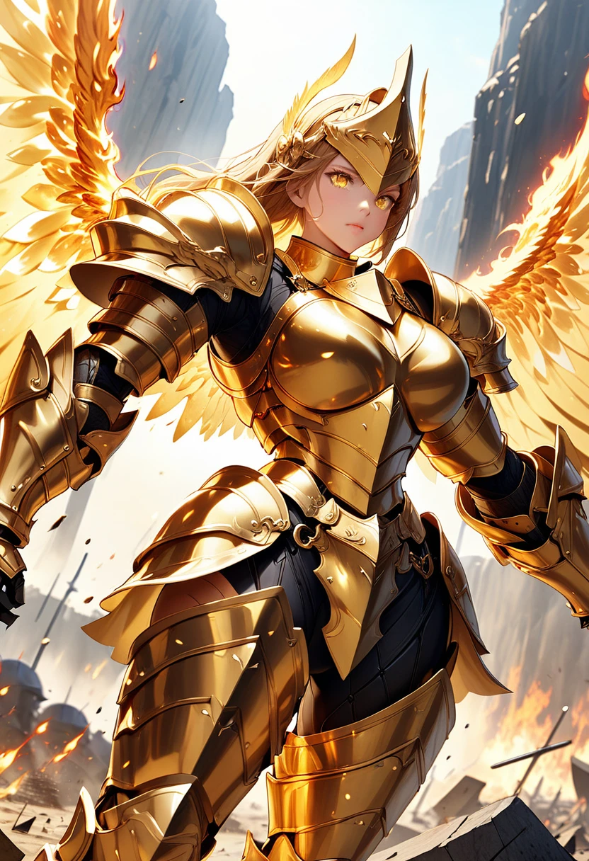 Ultra Quality, Extremely Detailed, High Resolution, Young Woman, Knight, medium shot, battlefield, warm sunlight, glowing yellow eyes, medium shot, golden helmet, muscular body, dynamic angle, Golden Paladin, flaming sword, fantasy golden armor, gorgeous armor, heavy armor, abyss, golden cape, glowing, angel wings