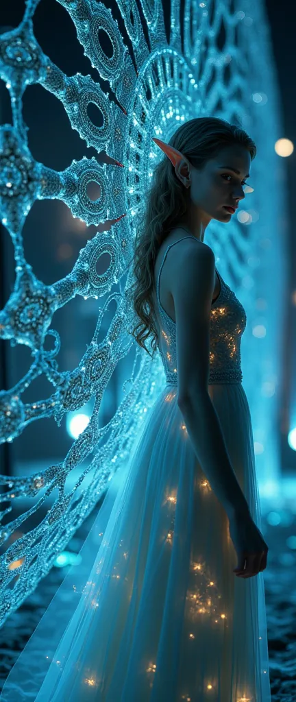 (zentangle, datura, fractal, lattice), (surreal fractal art:1.3), (Mechanical bioluminescent elf princess beautiful elf dress:1.5), (Very detailed, 8k, beautiful epic dramatic scene es una noche profunda, darkness), (photorealistic, Cinematic lighting, dramatic, Impressive composition), (awesome colors, Vibrant, bright), (from another world, ethereal, mystic)