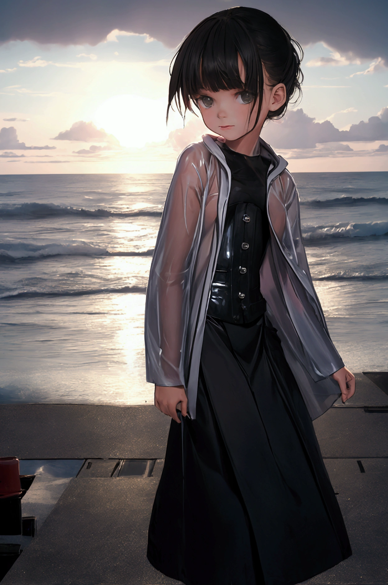 A  kid girl of about  , dressed in a transparent robe, cheerful near the sea 