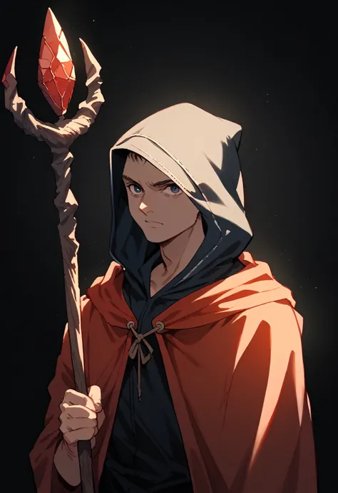 a hooded man holding a long wooden staff with a red stone on the tip, hood covering his face, black background, detailed facial ...