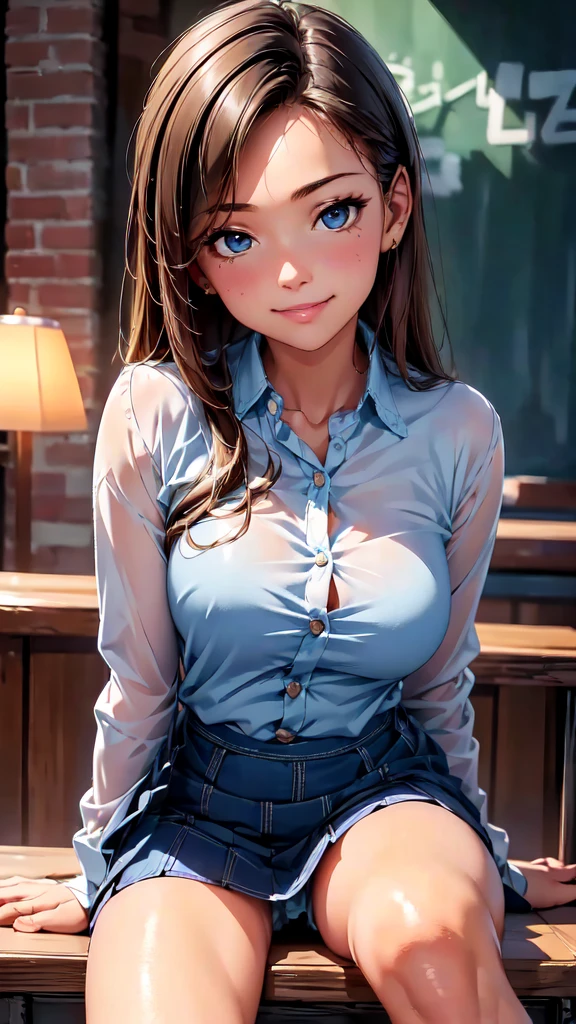 8k, best quality, realistic photos, realistic details, clear face, delicate facial features, real skin shine, a cute girl, shy, smiling, bar background, wearing a denim shirt and denim mini skirt, sitting down 