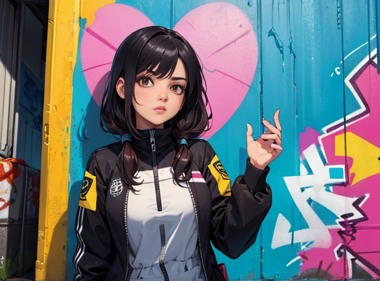 (Highest quality), masterpiece, Highly detailed CG uniform 8K illustration, High collar, extremely High collar saturation, All the colors have deepened, paint, Graffiti art, Center Configuration, Highly detailed lights and shadows, Graffiti wall, wall painted bright, A girl&#39;s graffiti A girl stares at the wall, Highly detailed face and eyes, Medium length hair, Sportswear, Coloured Clouds