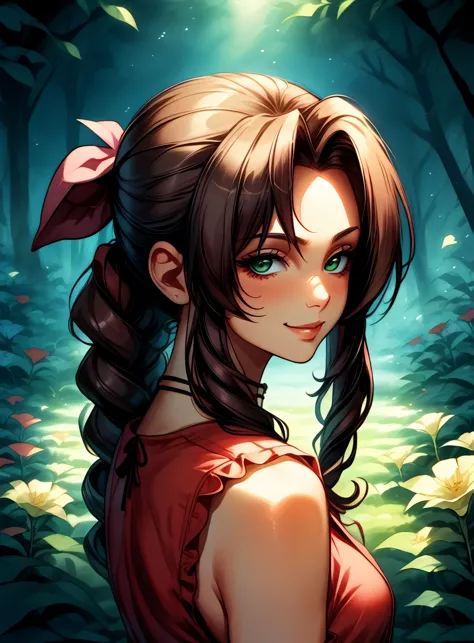 aerith gainsborough, the beloved flower girl from midgar, in a serene and peaceful setting. she is seated on a moss-covered ston...