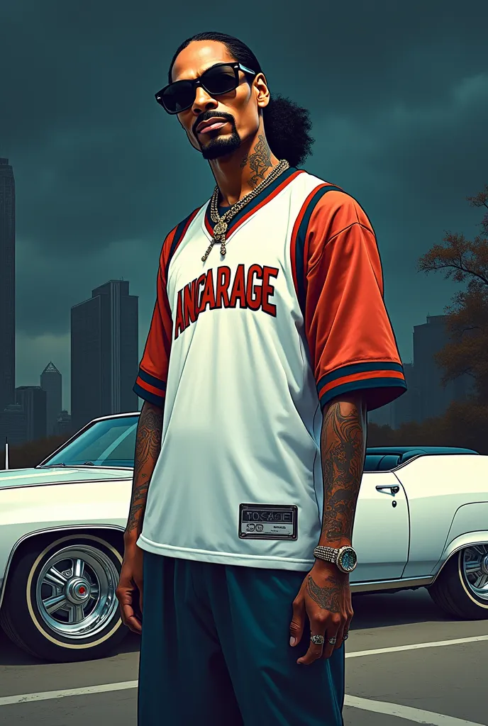 Snoop dogg with sunglasses,oversize football white jersey,without tattoo,no tattoo, angarage text on jersey,in background a white lowrider cabrio with chrome wheels,dark city,manga,anime