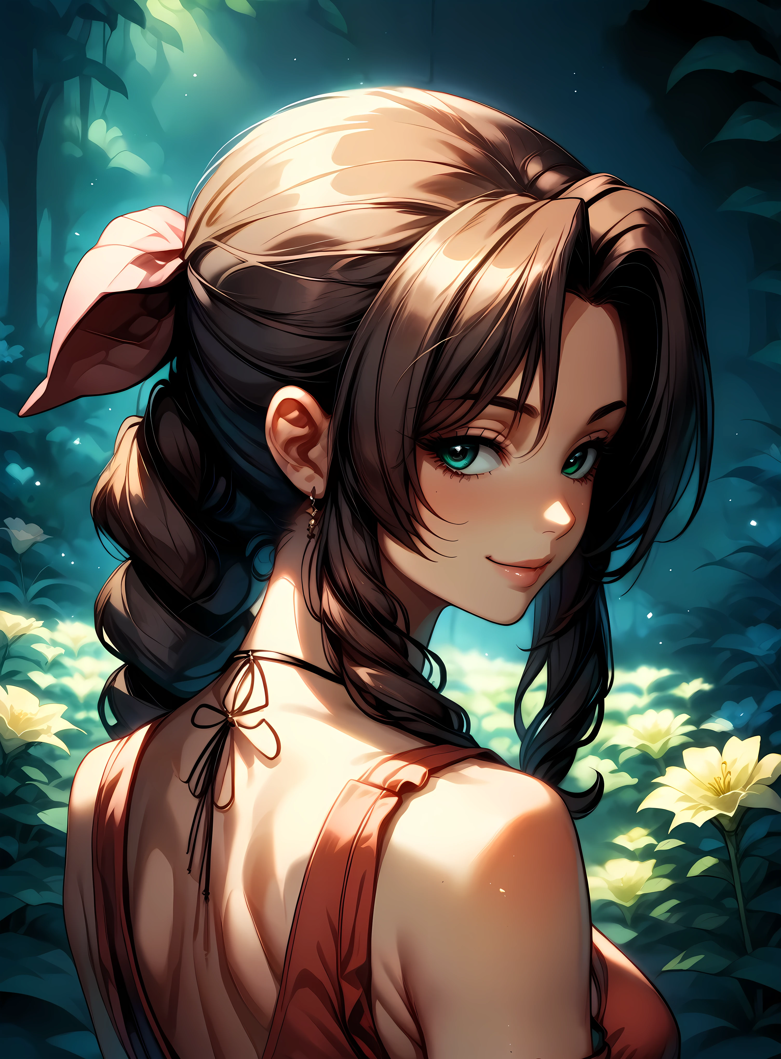 Aerith Gainsborough, the beloved flower girl from Midgar, in a serene and peaceful setting. She is seated on a moss-covered stone in the heart of a lush, vibrant forest, surrounded by an array of beautiful flowers in full bloom. Aerith is dressed in her iconic pink and red dress, with her long, brown hair adorned with a signature large, red ribbon. Capture her warm, gentle smile as she tenderly cares for the flowers, showcasing her deep connection to the planet and its nature. Behind her, the faint glow of the Lifestream adds a soft, ethereal light to the scene. Use a style that combines the detailed, intricate aesthetics of Final Fantasy with the soft, romantic colors of a watercolor painting."