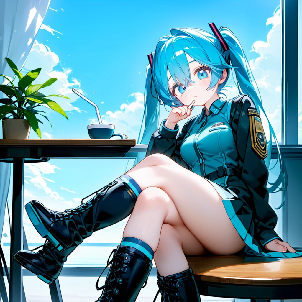 hatsune miku, blue twintails, blue eyes, army uniform, drinking coffee, tired eyes, own feet on table, wearing boots , sitting down, solo, overhead view, sitting in chair at table,
