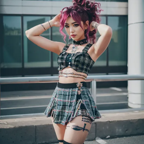 1girl, 2, punk outfit, wild hair, tattoos, plaid miniskirt, crop top, wearing_urbangal