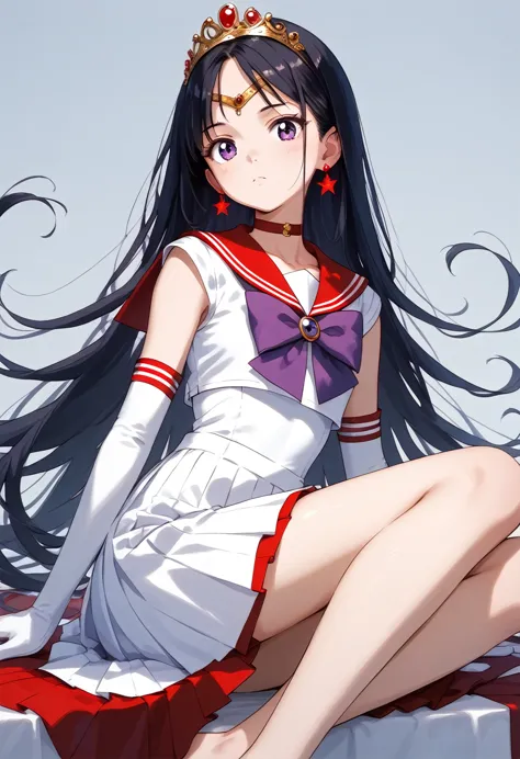 aamars, long hair, black hair, tiara, earrings, red choker, red sailor collar, purple bowtie, white shirt, elbow gloves, white g...