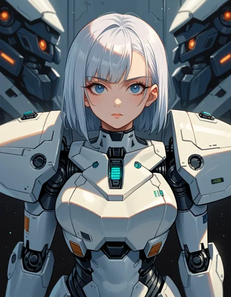 anime girl in white suit standing in front of a futuristic spaceship, perfect android girl, ferra white mecha, in white futurist...