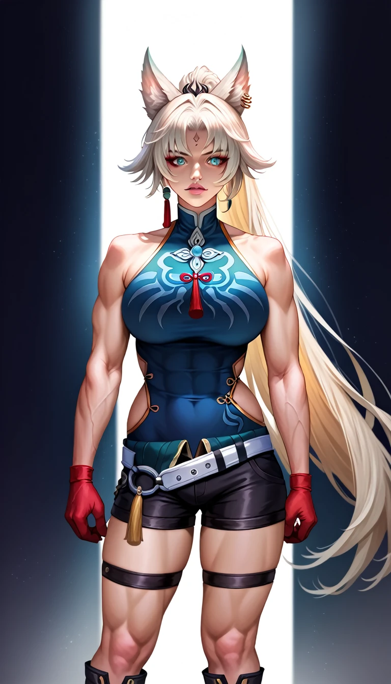 a beautiful anime girl, detailed face, blonde hair, blueSolo,1woman,view from front,  SH_HSR_Feixiao,25 yo extremely muscular woman, flawless perfectly trained body, zero body fat, mighty and hypermuscular professional female bodybuilder, dominant woman, great muscle definition,  FeiDefault, animal ears, long hair, ponytail, multicolored hair, white hair, red eyeliner, ringed eyes, forehead mark, ear piercing, tassel hair ornament, tassel earring, sleeveless shirt, print shirt, brooch, blue shirt, chinese clothes, high collar, bare arms, red gloves, fingerless gloves, white belt, waist cape, black shorts, thigh strap, knee boots eyes, long flowing hair, white background, realistic full body portrait, extremely detailed, high quality, cinematic lighting, photorealistic, hyper detailed, detailed facial features, detailed eyes, oversize t-shirt,shorts, detailed lips, detailed nose, long eyelashes, flawless skin, large breasts, delicate features, elegant pose, dramatic lighting, vibrant colors, intricate details, masterpiece, (best quality,4k,8k,highres,masterpiece:1.2),ultra-detailed,(realistic,photorealistic,photo-realistic:1.37)