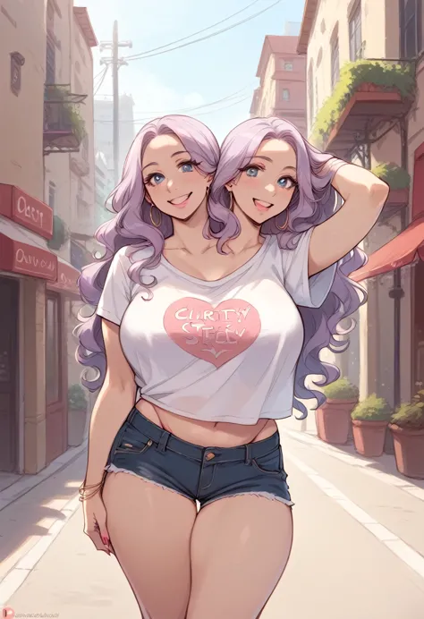 2heads, a thick woman with two heads. she is outside on a city street. she is wearing a t-shirt and shorts. she has long curly l...