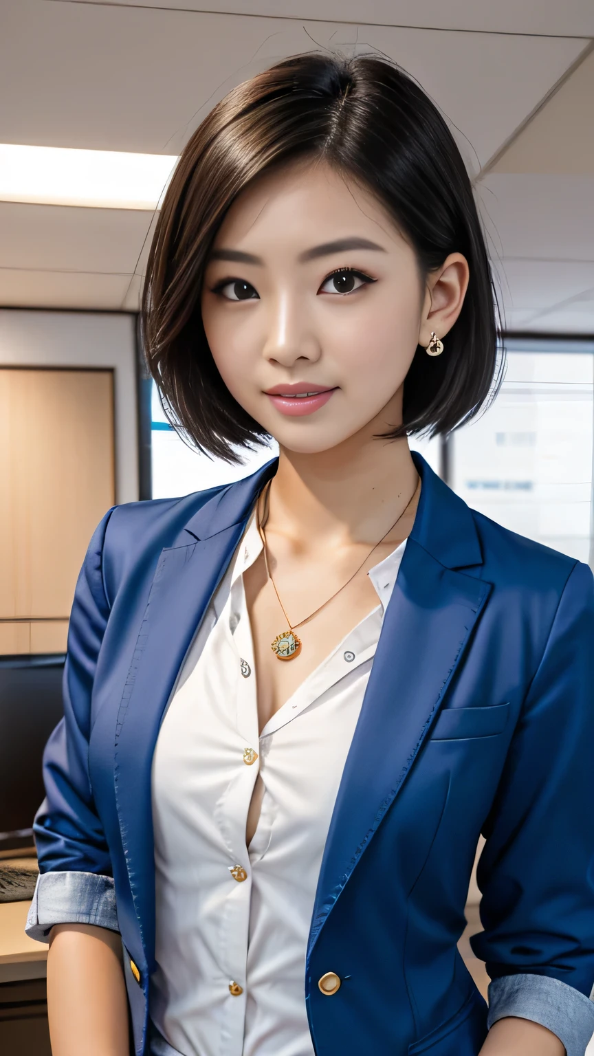 RAW Photos, High resolution, Very detailed, Intricate details, A neat and clean Japanese woman、ear piercing、、short hair、Black Hair、Office Lady Suits 、Jacket、shirt、、Necklace around the neck、, The background is the office
