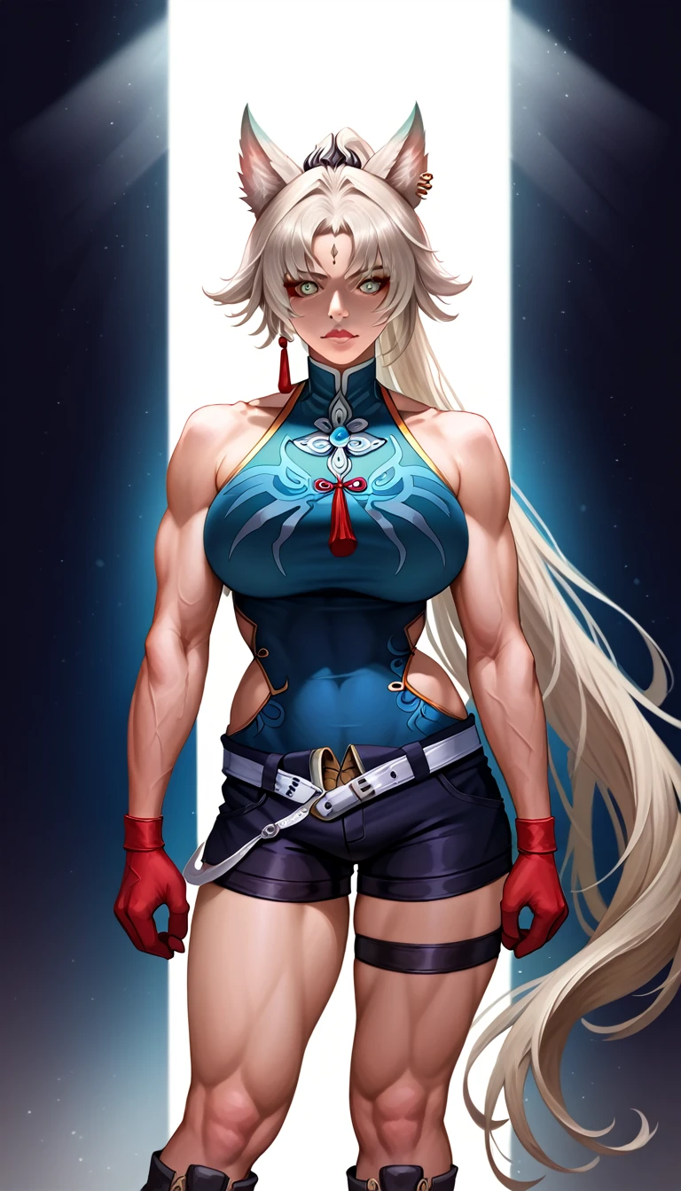 a beautiful anime girl, detailed face, blonde hair, blueSolo,1woman,view from front,  SH_HSR_Feixiao,25 yo extremely muscular woman, flawless perfectly trained body, zero body fat, mighty and hypermuscular professional female bodybuilder, dominant woman, great muscle definition,  FeiDefault, animal ears, long hair, ponytail, multicolored hair, white hair, red eyeliner, ringed eyes, forehead mark, ear piercing, tassel hair ornament, tassel earring, sleeveless shirt, print shirt, brooch, blue shirt, chinese clothes, high collar, bare arms, red gloves, fingerless gloves, white belt, waist cape, black shorts, thigh strap, knee boots eyes, long flowing hair, white background, realistic full body portrait, extremely detailed, high quality, cinematic lighting, photorealistic, hyper detailed, detailed facial features, detailed eyes, oversize t-shirt,shorts, detailed lips, detailed nose, long eyelashes, flawless skin, large breasts, delicate features, elegant pose, dramatic lighting, vibrant colors, intricate details, masterpiece, (best quality,4k,8k,highres,masterpiece:1.2),ultra-detailed,(realistic,photorealistic,photo-realistic:1.37)