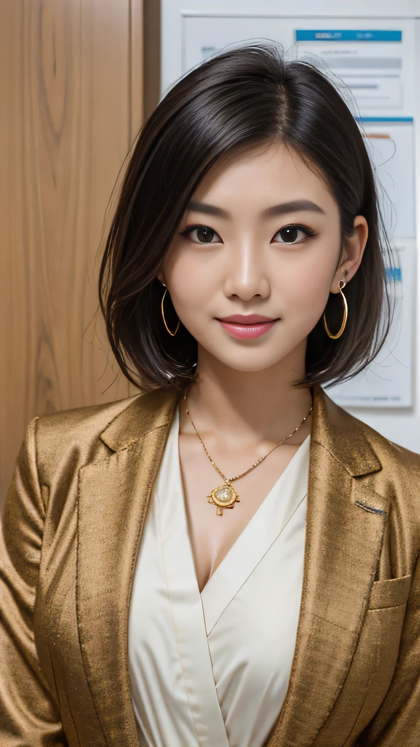 RAW Photos, High resolution, Very detailed, Intricate details, A neat and clean Japanese woman、ear piercing、、short hair、Black Hair、ウェーブのかかった髪、Office Lady Suits 、Jacket、shirt、、Necklace around the neck、, The background is the office
