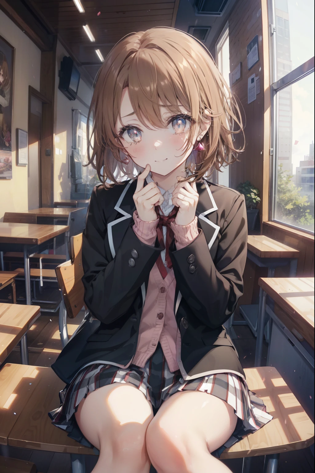 irohaisshiki, Isshiki Iroha, short hair, light brown hair, (brown ruby eyes:1.5), smile,tears run down her face,tears of joy、I cry a lot、break skirt, shirt, ribbon, , Jacket, white shirt, open clothes, socks, open Jacket, black Jacket, plaid, knee high, plaid skirt, blazer, cardigan, black socks, pink cardigan,Cake Buffet, the room is expensive ,birthday,There is a birthday cake on the table,sitting in a chair,confetti,
break indoors,coffee shop ,
break looking at viewer,
break (masterpiece:1.2), highest quality, High resolution, unity 8k wallpaper, (shape:0.8), (beautiful and detailed eyes:1.6), highly detailed face, perfect lighting, Very detailed CG, (perfect hands, perfect anatomy),