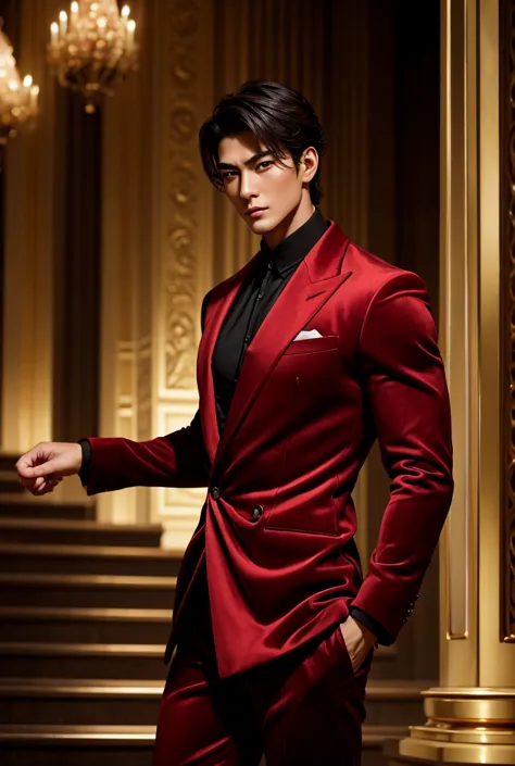 a strikingly tall, handsome korean prince with a lean, muscular physique stands confidently on a grand marble staircase. his fac...