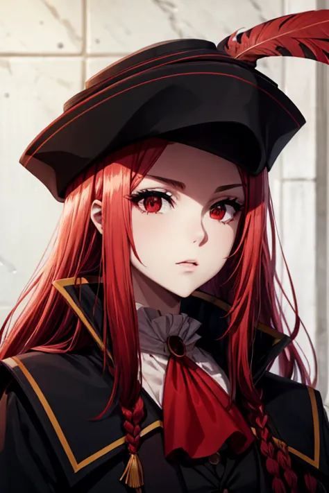 marydef, red hair, red eyes, long hair, looking at viewer, ascot, side braid, hat, black coat, black vest, upper body, portrait,...