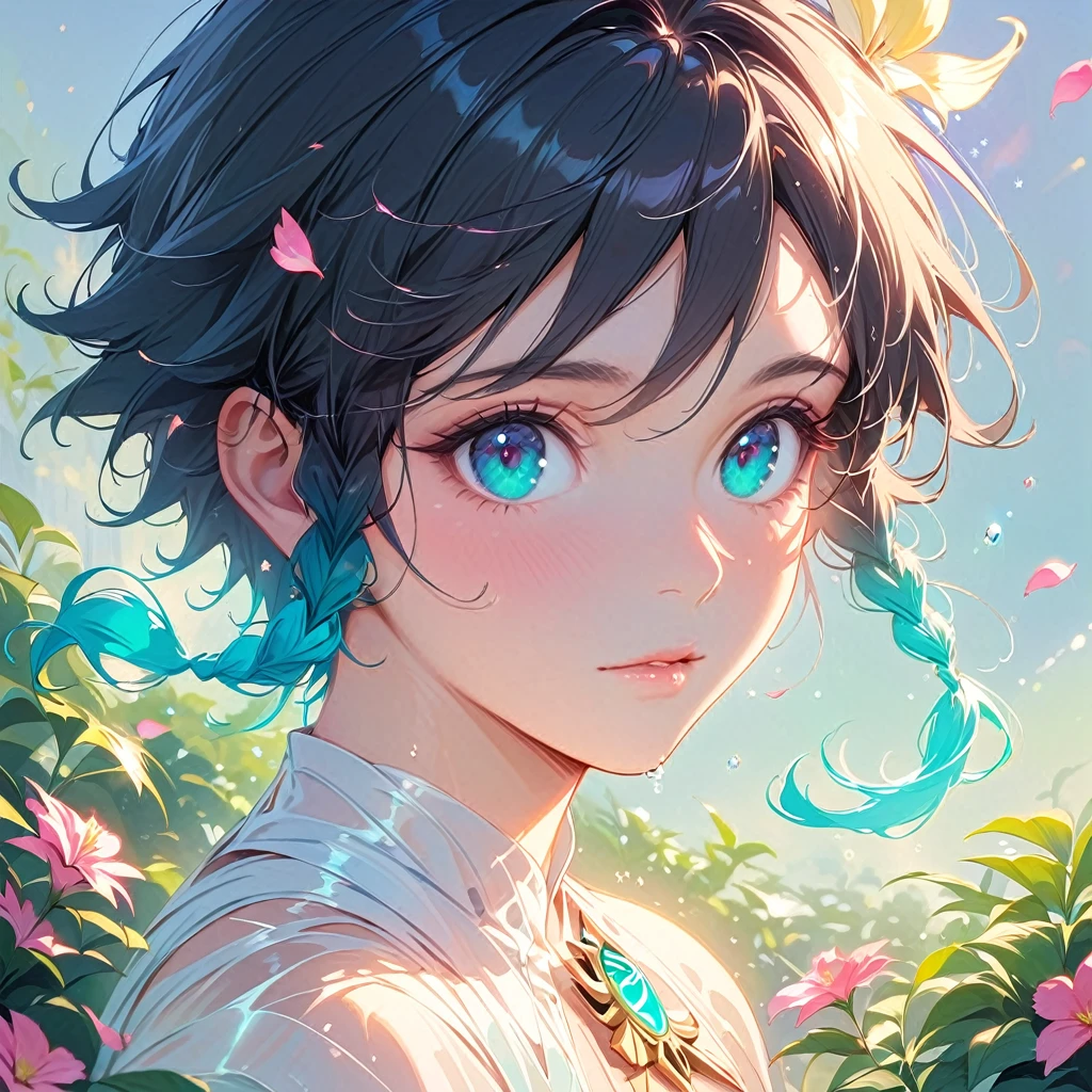 (best quality,4k,8k,highres,masterpiece:1.2),1boy,venti,genshin impact,black hair,ultra-detailed,(realistic:0.25),wearing simple white twist wrap gown,morning of spring,sunlight reflection,intricate details,delicate,pastel color palette,elegant curves,effects of light and shadow,subtle reflections,face focus,sharp focus,flower petals falling,ethereal atmosphere,elysium,morning dew,soft sunlight filtering through trees,lush plant life,vividly colored blossoms,harmonious blend of nature and art,transcendent beauty,awe-inspiring artwork,flat chest,navy gradient hair