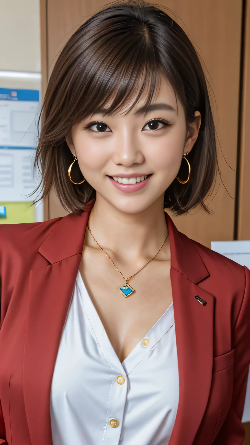 RAW Photos, High resolution, Very detailed, Intricate details, A neat and clean Japanese woman、ear piercing、、short hair、Office Lady Suits 、Jacket、shirt、smile、Beautiful teeth alignment、Necklace around the neck、, The background is the office
