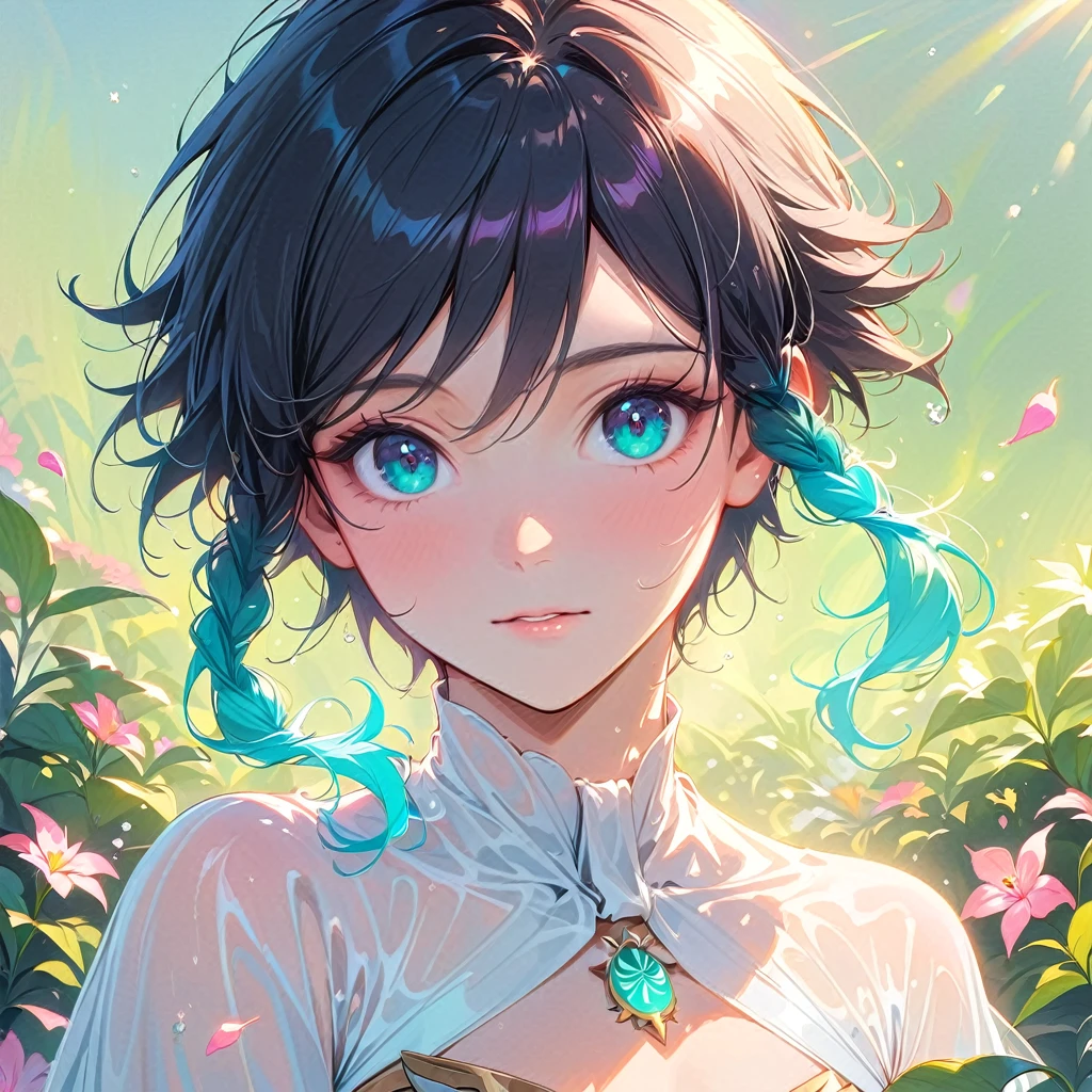 (best quality,4k,8k,highres,masterpiece:1.2),1boy,venti,genshin impact,black hair,ultra-detailed,(realistic:0.25),wearing simple white twist wrap gown,morning of spring,sunlight reflection,intricate details,delicate,pastel color palette,elegant curves,effects of light and shadow,subtle reflections,face focus,sharp focus,flower petals falling,ethereal atmosphere,elysium,morning dew,soft sunlight filtering through trees,lush plant life,vividly colored blossoms,harmonious blend of nature and art,transcendent beauty,awe-inspiring artwork,flat chest,navy gradient hair