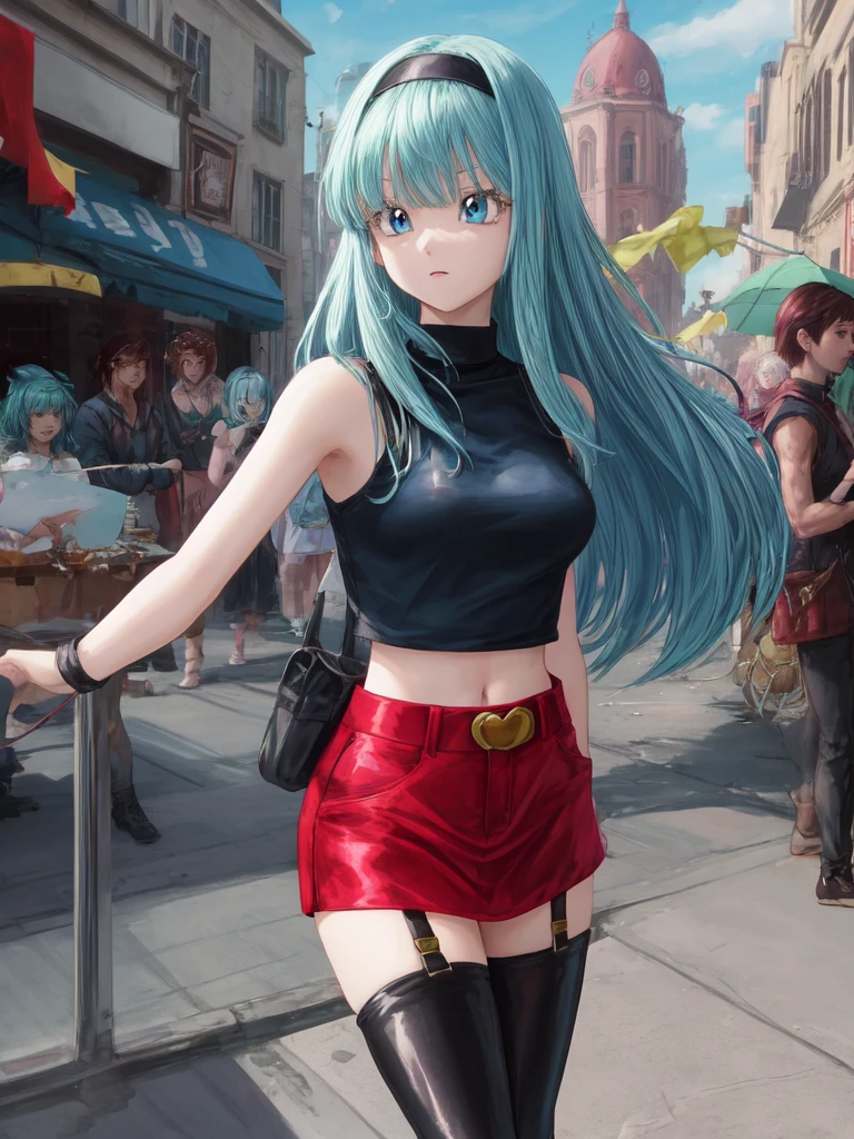 bulla, girl with light blue hair, blue eyes, black turtleneck top, black skirt, violet jacket, straight hair, red headband, adult, city, dragon ball