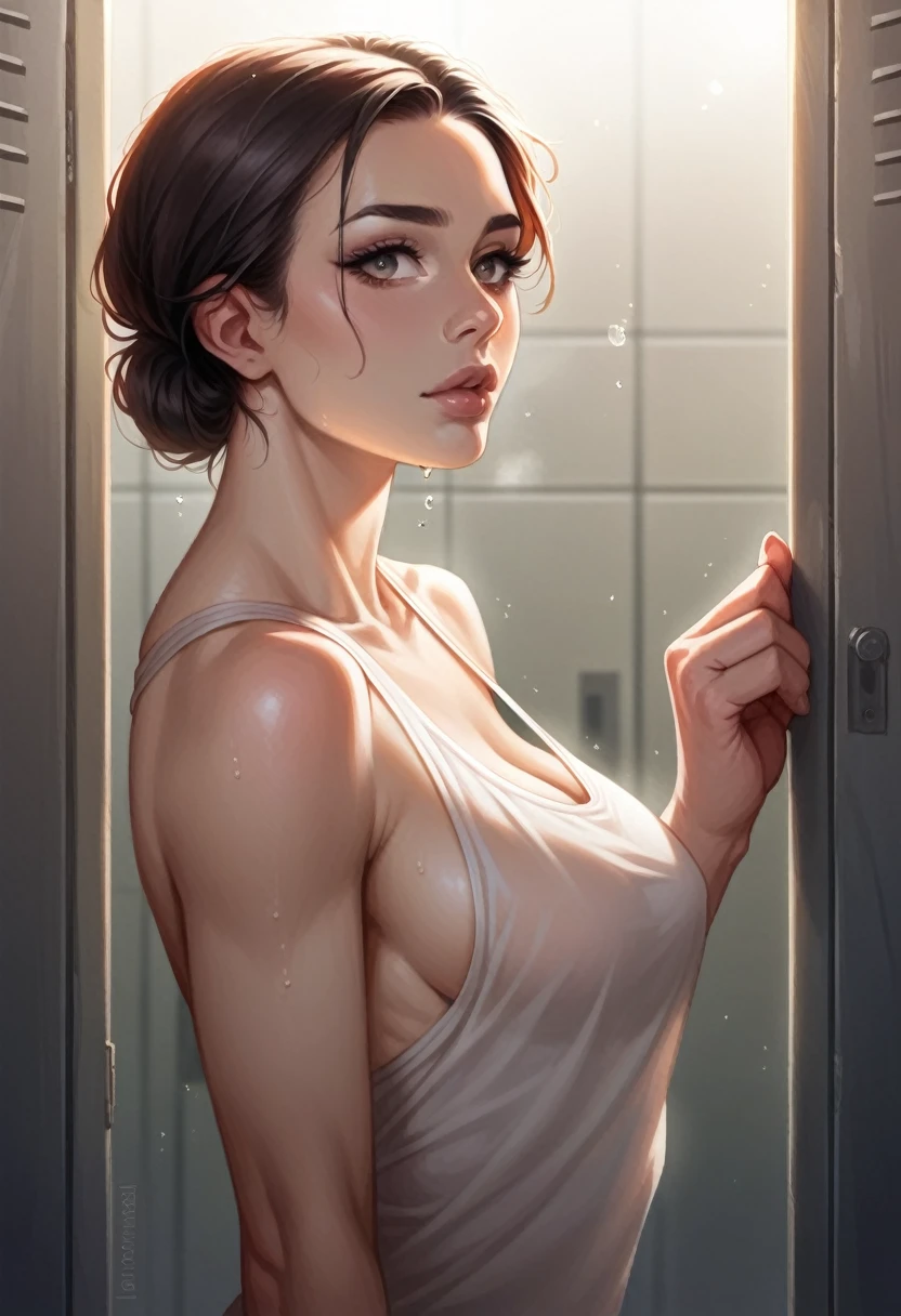 a sexy woman in a locker room, beautiful detailed eyes, beautiful detailed lips, extremely detailed face and skin, long eyelashes, athletic toned body, elegant pose, sensual expression, steam and water droplets, warm lighting, photorealistic, 8k, high quality, cinematic lighting, dramatic shadows, muted color palette