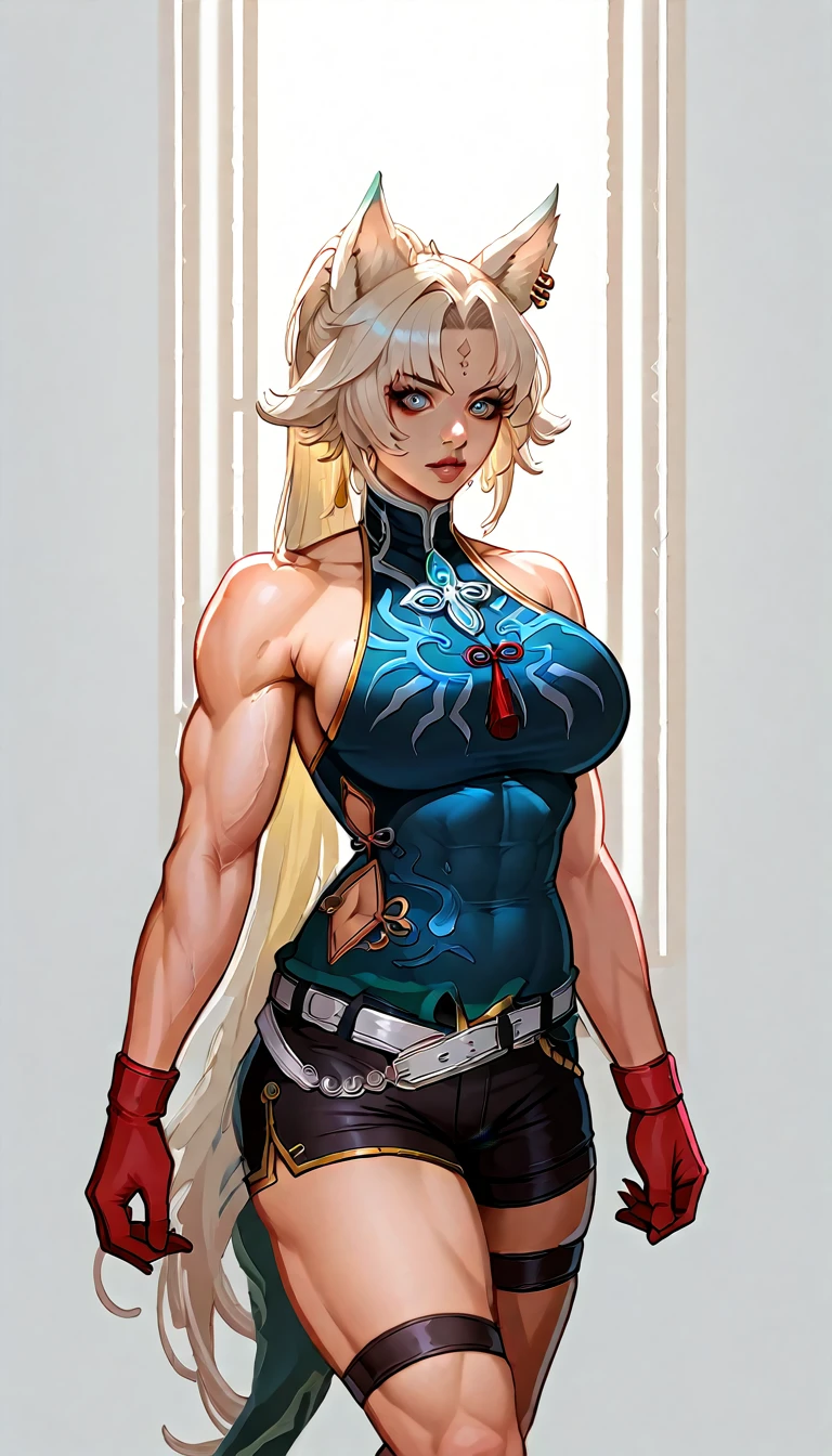 a beautiful anime girl, detailed face, blonde hair, blueSolo,1woman,view from front,  SH_HSR_Feixiao,25 yo extremely muscular woman, flawless perfectly trained body, zero body fat, mighty and hypermuscular professional female bodybuilder, dominant woman, great muscle definition,  FeiDefault, animal ears, long hair, ponytail, multicolored hair, white hair, red eyeliner, ringed eyes, forehead mark, ear piercing, tassel hair ornament, tassel earring, sleeveless shirt, print shirt, brooch, blue shirt, chinese clothes, high collar, bare arms, red gloves, fingerless gloves, white belt, waist cape, black shorts, thigh strap, knee boots eyes, long flowing hair, white background, realistic full body portrait, extremely detailed, high quality, cinematic lighting, photorealistic, hyper detailed, detailed facial features, detailed eyes, oversize t-shirt,shorts, detailed lips, detailed nose, long eyelashes, flawless skin, large breasts, delicate features, elegant pose, dramatic lighting, vibrant colors, intricate details, masterpiece, (best quality,4k,8k,highres,masterpiece:1.2),ultra-detailed,(realistic,photorealistic,photo-realistic:1.37)