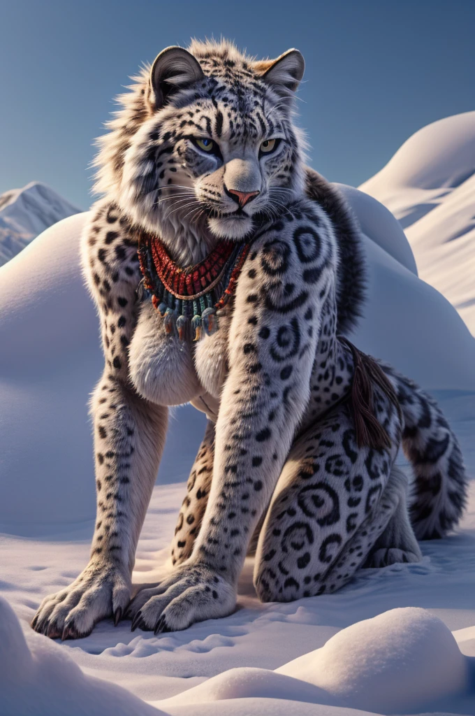 Snow leopard, humanity, furry, woman, very detailed fur, Female lying on her side in the snow, naked, detailed body, perfect detailed hands, 4 fingers with medium-length claws, 3 toes with claws, baring teeth, Evil look, Hands on your knees, perfect breasts, Soles and pads, Tribal Accessories, highest quality, photorealestic, High resolution, Visually breathtaking (detailed lighting), Natur, starsky, natta