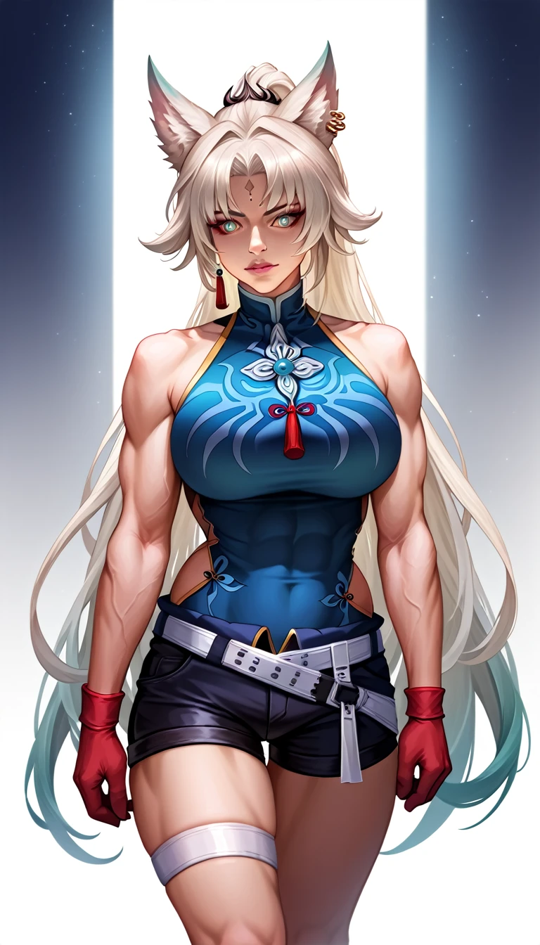 a beautiful anime girl, detailed face, blonde hair, blueSolo,1woman,view from front,  SH_HSR_Feixiao,25 yo extremely muscular woman, flawless perfectly trained body, zero body fat, mighty and hypermuscular professional female bodybuilder, dominant woman, great muscle definition,  FeiDefault, animal ears, long hair, ponytail, multicolored hair, white hair, red eyeliner, ringed eyes, forehead mark, ear piercing, tassel hair ornament, tassel earring, sleeveless shirt, print shirt, brooch, blue shirt, chinese clothes, high collar, bare arms, red gloves, fingerless gloves, white belt, waist cape, black shorts, thigh strap, knee boots eyes, long flowing hair, white background, realistic full body portrait, extremely detailed, high quality, cinematic lighting, photorealistic, hyper detailed, detailed facial features, detailed eyes, oversize t-shirt,shorts, detailed lips, detailed nose, long eyelashes, flawless skin, large breasts, delicate features, elegant pose, dramatic lighting, vibrant colors, intricate details, masterpiece, (best quality,4k,8k,highres,masterpiece:1.2),ultra-detailed,(realistic,photorealistic,photo-realistic:1.37)