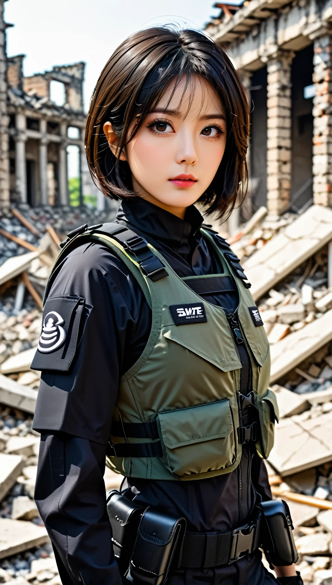 ((masterpiece)),((highest quality)),((High resolution)),((Very detailed)),Female,2,Woman,Japanese,Dark hair,Short bob,Beautiful eyes,Long eyelashes, Beautiful hair, beautiful skin, serious, BREAK (((pointed gun))), handgun, SWAT Uniforms,black bulletproof vest combat boots, black tactical Forster, tactical helmet, (the background is the rubble of the ruins), (( (Background blur)))