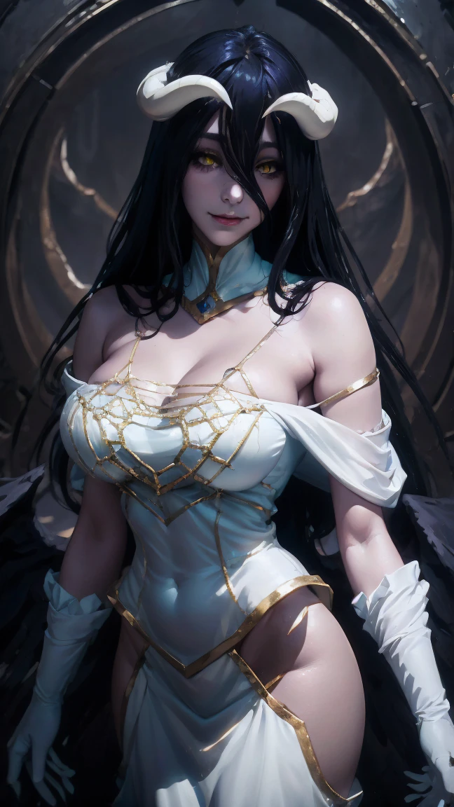 A demonic and seductive looking anime character, with black wings, long dark flowing hair, bright golden eyes, and curved horns like those of a ram. has pale skin, a mischievous smile and a playful and mysterious expression, holding a finger to his lips as if silencing someone. She wears a white dress with intricate detailing and gold accents, along with a blue gem on his chest. The scene is dramatically lit., with soft shadows that enhance her sharp features, as the background fades into darkness, adding an enigmatic and magical touch. The style is a mix of anime fantasy with intricate details, Capturing an intense portrait, close and dynamic