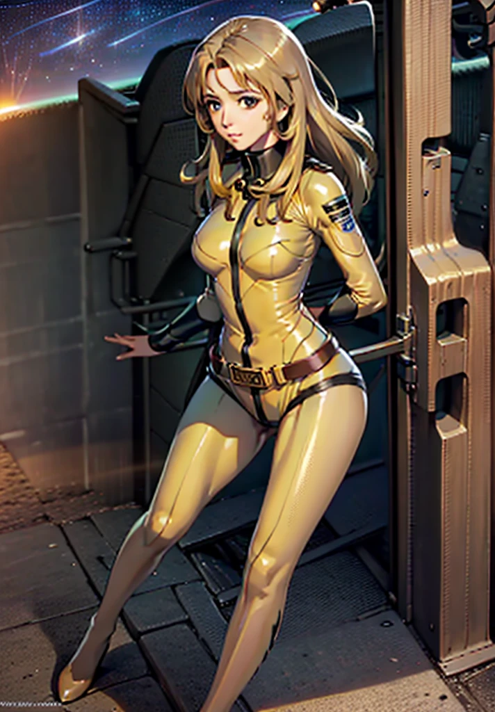 (masterpiece, best quality:1.2), (cowboy shot:1.1), solo, 1girl, mori yuki, slight smile, closed mouth, looking at viewer, blonde hair, thigh gap, (unzipped bodysuit:1.5), slight smile, leaning forward, side view, yellow bodysuit, skin tight, belt, large window, (starship porthole:1.3), from front, (spread legs:1.3), (standing:1.1), starship interior, (outer space view:1.1), (orbital view:1.3), (night, stary sky:1.5), milky way