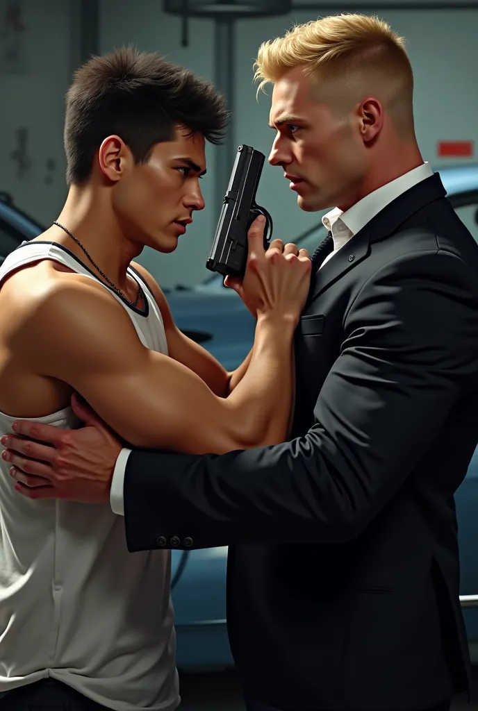 Two male characters, one blonde one black hair, blonde in black suit, the shorter black haired man in the white tank top, black haired man, blonde crew cut, blond tall big body 6 pack, they stood in the garage, there is a car behind, The blond man held a gun in one hand and pressed the black-haired man against the front of the car.,  The black-haired man grabbed the blond man&#39;s arm., they looked at each other, black hair man slightly furrowed eyebrows, zoom in character