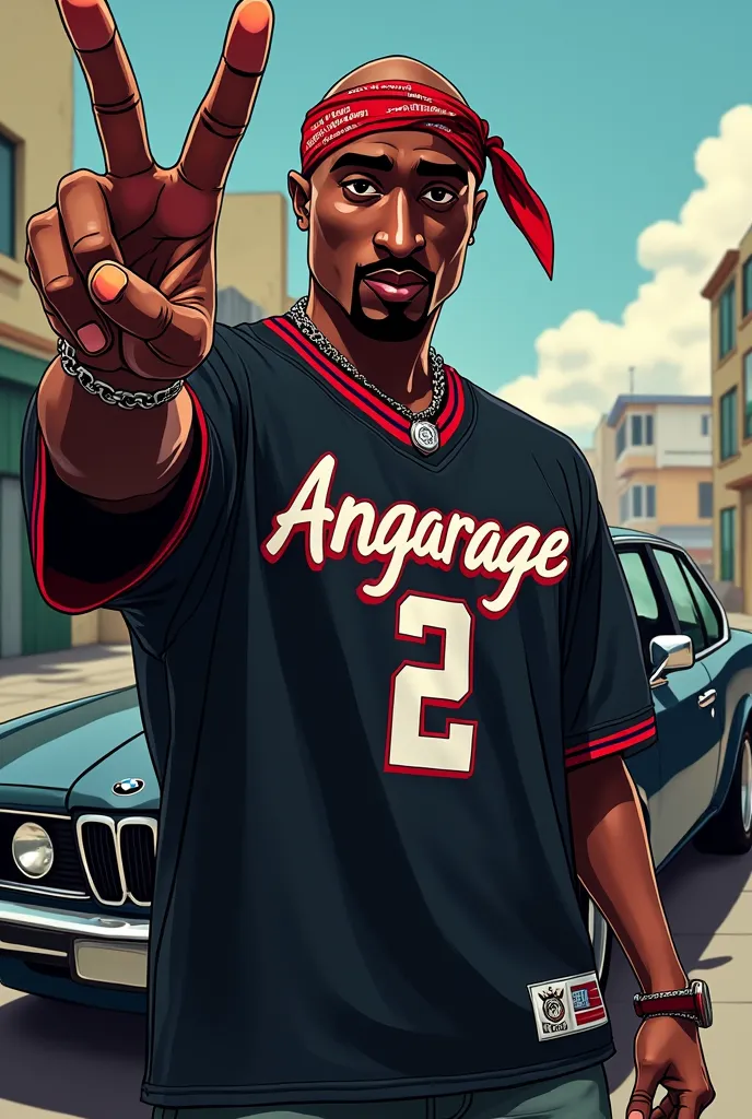 Tupav shakur with bandana,angarage text on black nfl jersey,in background an black chicana car,angarage text on jersey,west coast signal with hand,westside,anime,manga,in background classic black bmw