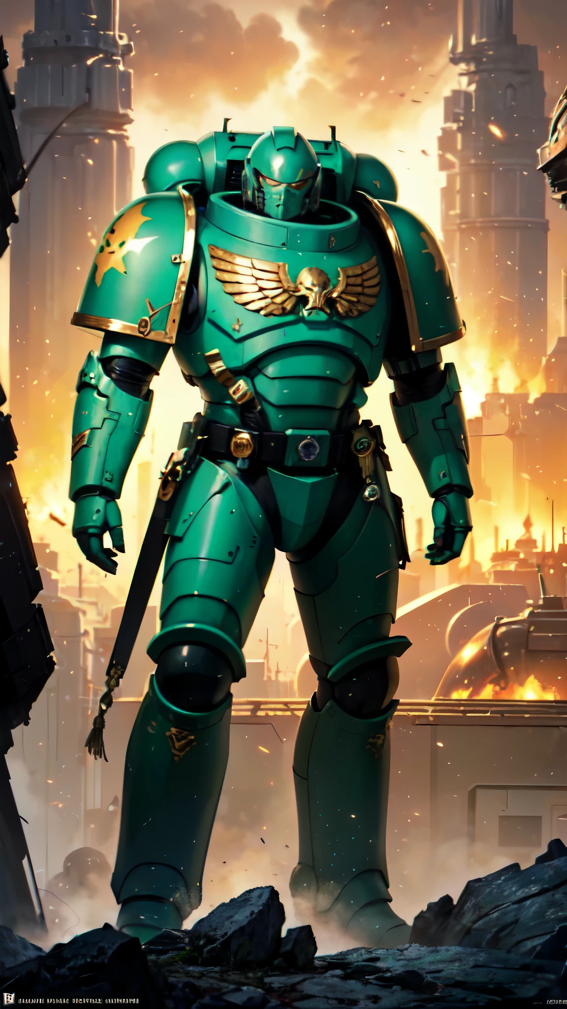 (masterpiece:1.5, best quality:1.5, extremely delicate:1.5), ((male:1.5)), a man wearing a full-face helmet, a biotech armored combat suit, green eyes, (a composite layered chest armor), fully enclosed shoulder guards, matching arm and leg guards, a belt of gemstone, (the color scheme is primarily black with green and red accents), the design balances heavy with agility, a high-tech bio-mecha armor, (Armor Concept Inspired by Space Marines, stand of a futuristic sci-fi city), this character embodies a finely crafted fantasy-style armored hero in anime style, exquisite and mature manga art style, (element, plasma, energy, the armor glows), metallic, high definition, highres, ultra-detailed, ultra-fine painting, professional, perfect body proportions, golden ratio, anatomically correct, symmetrical face, extremely detailed eyes and face, high quality eyes, creativity, RAW photo, UHD, 32k, Natural light, cinematic lighting, masterpiece-anatomy-perfect