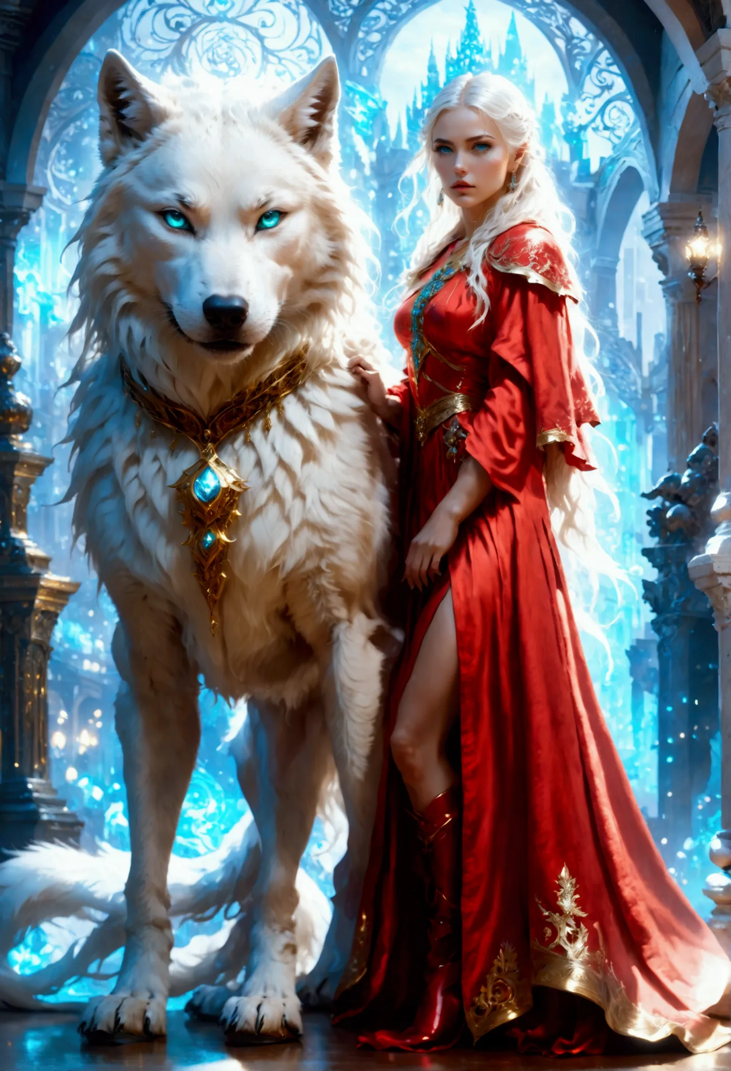 fantasy art, rpg art, ultra wide shot, raw, photorealistic, a picture of woman and her (white: 1.4) wolf pet, the woman,  an exq...