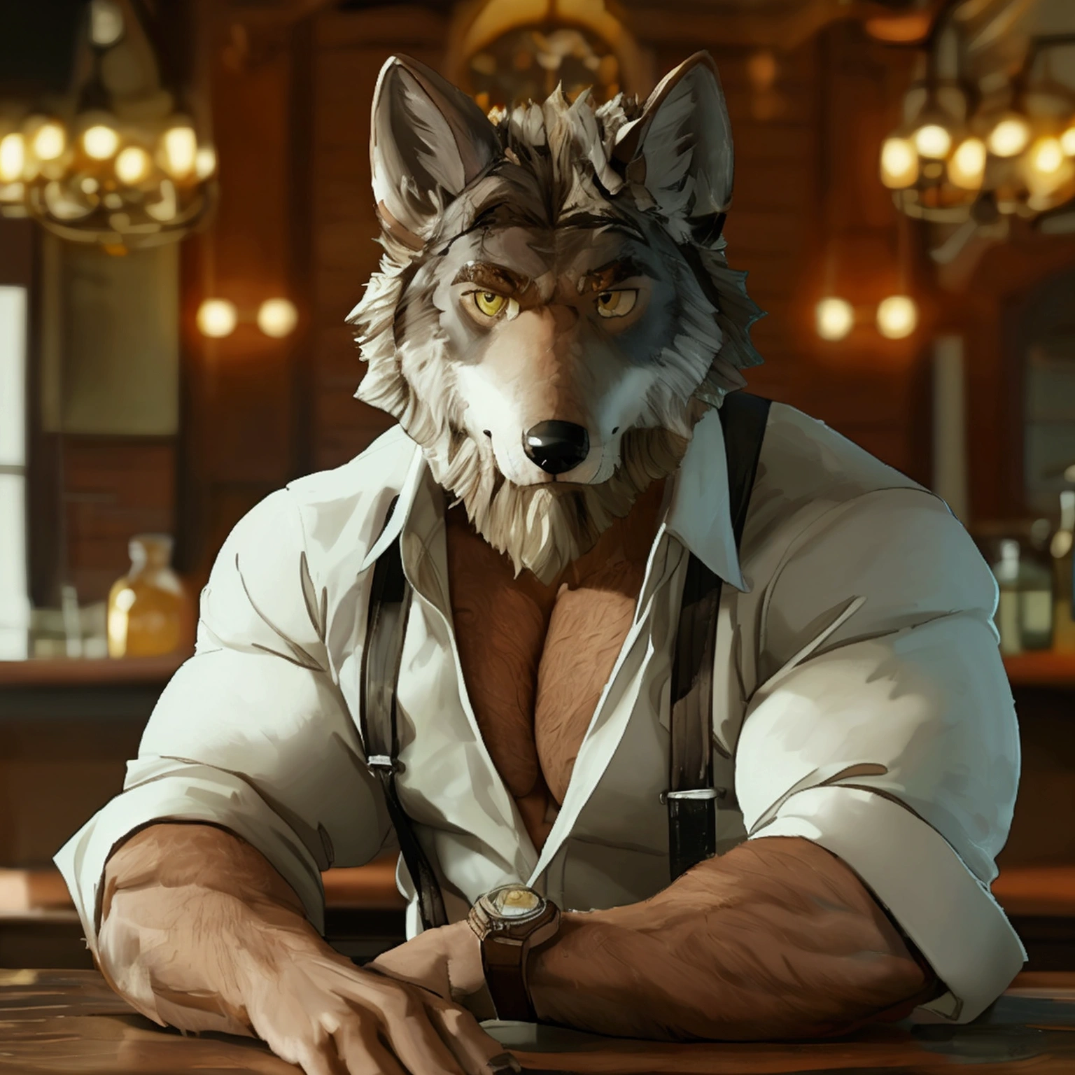 william adler, muscular, (posing:1.3), 4k, hi res, five fingers, drinking, shirt, white shirt, upper body, male focus, collared shirt, pants, looking to the side, suspenders, pectorals, sleeves rolled up, watch, wristwatch, wolf ears, beard, yellow eyes, detailed eyes, bar censor