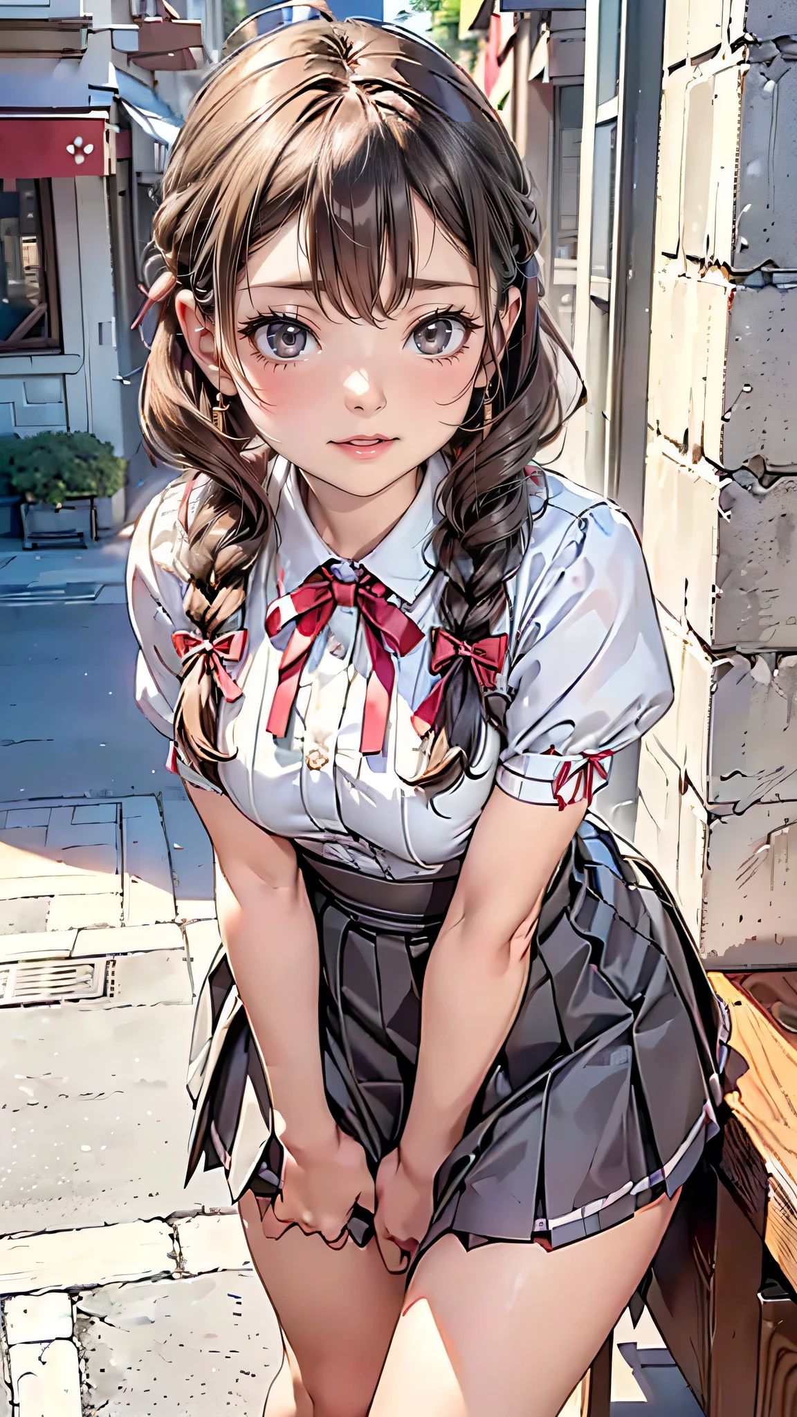 ((braid, glasses, pleated skirt, ribbon)), (((round face))), ((eyes with realistic sizing, drooping eyes, blush, shame smile, thin lips, spread legs)), (((standing and straddling to hit her crotch against the corner of the table for self pleasure))), open mouth, (outside, on the sidewalk, terrace table), angle from side,